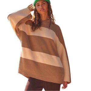 Free People Beach Kami Stripe Hoodie Sweater Brown Cream Ribbed Knit XS NWT
